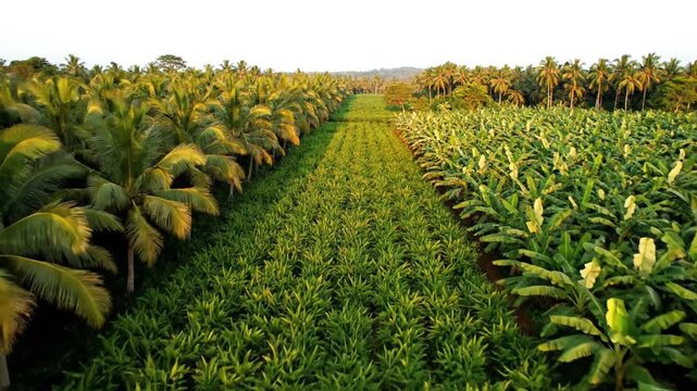 Aerial View of Lush Green Turmeric Field with Palm and Banana Trees on Both Sides During Sunset, Cinematic Drone Shot