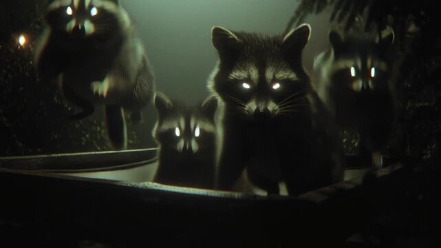 Glowingeyed Raccoons Stand Guard in the Night