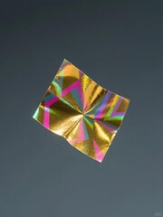 A single piece of gold holographic confetti, frozen in mid-air against a solid, rich charcoal gray background. Sharp, cinematic lighting that makes it sparkle. Minimalist, macro, festive.