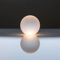 A perfect sphere of frosted glass, internally illuminated with a soft, warm light, sitting on a mirrored surface. The reflection is perfect and clean. Isolated, minimalist, glowing, serene.