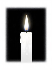 The top third of a single, white candle against a solid black background. The flame is perfectly still, and the wax has not yet dripped. The only color is the flame and the pure white wax. Serene, min