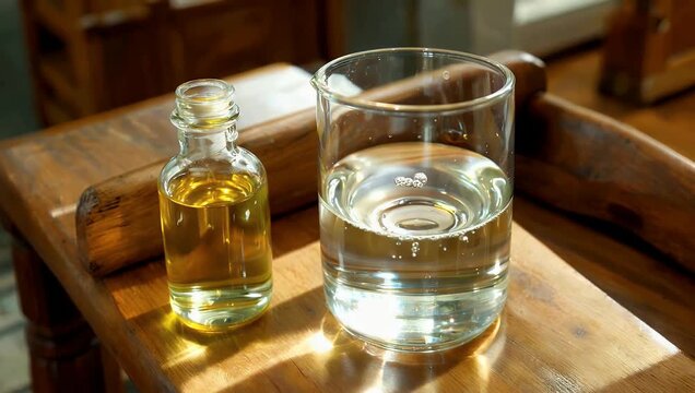 Reverent 4K close up inside church showing holy water clear glass jug alongside baptism oils arranged on table symbolizing faith ritual sacred 