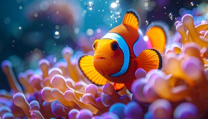 Vibrant Clownfish Amidst Anemone - A Colorful Underwater Scene.