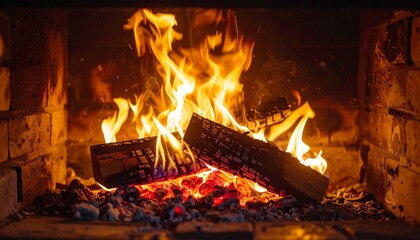 Warm and Inviting Fireplace Scene with Burning Logs and Embers.