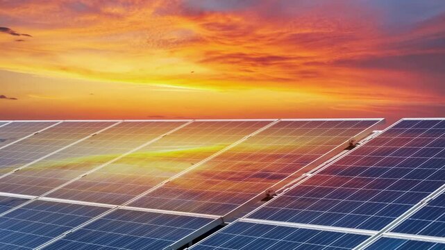 rooftop solar panels under a vibrant sunset sky, reflecting golden hues, time-lapse of clean energy in harmony with nature.