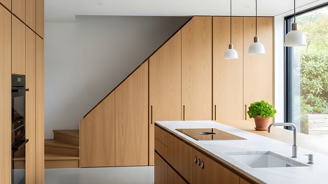 Stylish modern kitchen interior with minimalist wooden cabinetry design