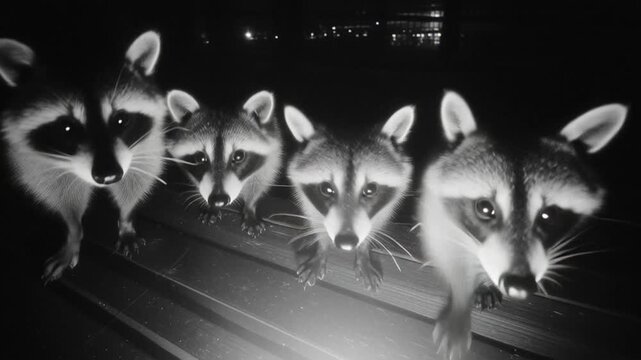Raccoon quartet on a wooden surface