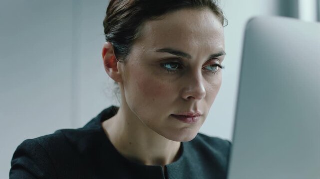 Focused Intensity: A professional woman is deeply engrossed in her work on a computer. The image shows a moment of intense focus and dedication, conveying a sense of competence and determination.