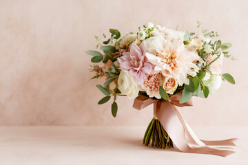 Stylish bouquet of pastel flowers with greenery, tied with a satin ribbon and set against a soft background