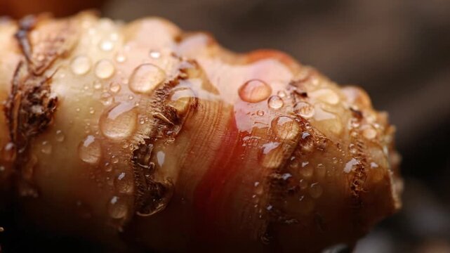 Close-Up of Galangal Rhizome Covered in Water Droplets on a Dark Surface with Detailed Texture and Organic Appearance