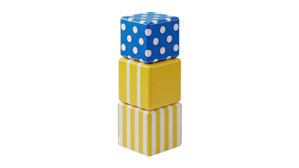 Stack of three toy blocks: blue polka dot and yellow striped