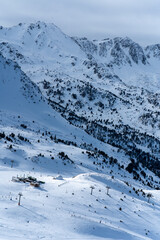 Panoramic view of Grandvalira ski slopes in Andorra during winter 2026.
