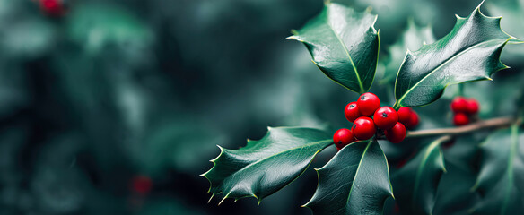 Panoramic image of green holly leaves and bright red berries