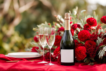 Luxurious romantic table setting with sparkling wine bottle with blank label