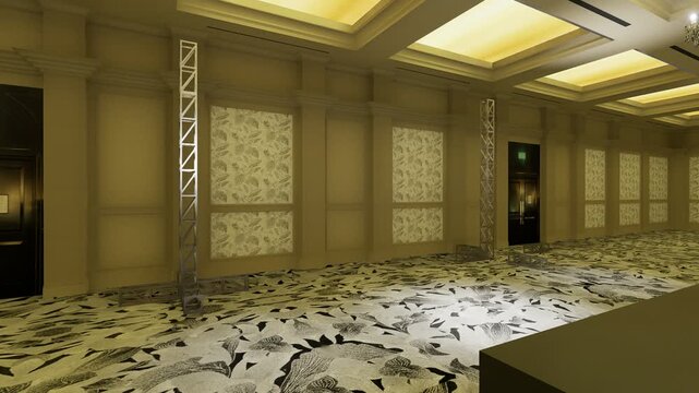 3D animation phasing of a modern indoor event stage with large LED screen, truss structure, and dynamic stage lighting. Suitable for conferences, corporate events, presentations, concerts, and virtual