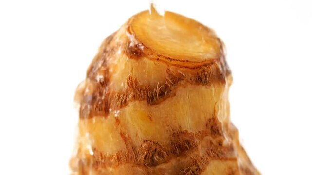 Close-Up of Peeled Taro Root with Water Droplets on White Background Food Photography Ingredient Preparation Cooking