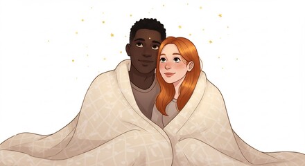 柔らかな金色の光が微かに瞬く背景で穏やかに微笑む多様なカップルが暖かな白い毛布に優しく身を寄せ合い心地よい安らぎと深い愛情を分かち合う心温まるイラスト. AI Generated