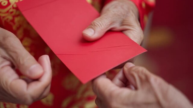 Elder's Protective Gesture. Chinese New Year. Close-up of an elder's hand holding a red envelope, their thumb pressing lightly over the flap, a subtle, protective gesture before handing it over.
