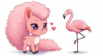 大きなふわふわのピンクの毛を持つ愛らしい生き物がキラキラ瞳でハートを放ち優雅なフラミンゴと並び立つ柔らかな光が包み込む夢のようなファンタジーシーン. AI Generated