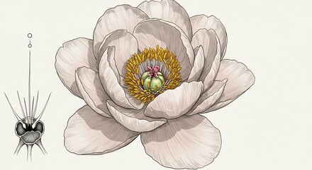 手描きで緻密に描かれた白い花の植物画 雄しべや雌しべの拡大図も添えられ科学的視点で美しく表現. AI Generated