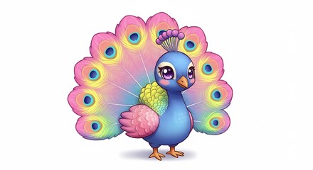明るく柔らかな光の中で輝く鮮やかなパステルカラーの孔雀イラストきらめく大きな瞳とふんわりとした頭飾り優雅に広がる虹色の尾羽に描かれた神秘的な目玉模様が幻想的な世界観を魅力的に描写. AI Generated