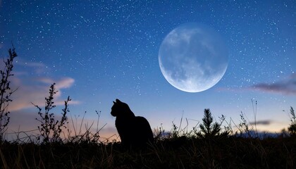 Black Cat Silhouette Under Full Moon and Starry Night Sky