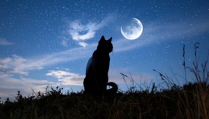 Black Cat Silhouette Under Moonlit Starry Night Sky