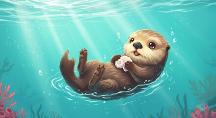 穏やかな陽光が差し込む透明な水中で可愛いカワウソがのんびり仰向けに浮かぶ癒しの情景. AI Generated