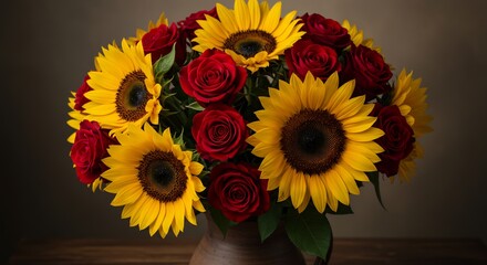鮮やかなひまわりと情熱的な赤いバラがエレガントなコントラストで魅力を放ち空間を明るく彩る華やかなブーケ. AI Generated