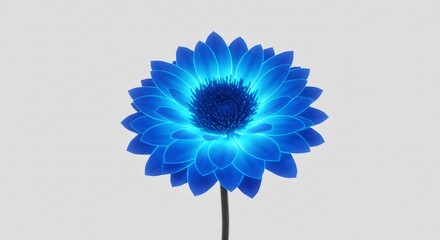 真っ白な背景に鮮やかに青く輝く美しい花が堂々と浮かび上がる内側から光を放つ幻想的なデジタルアート作品は見る者を神秘的な世界へと誘う. AI Generated