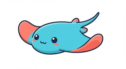 白い背景に浮かぶにっこり笑顔の可愛い水色のエイが楽しげに泳ぐベクターイラストレーションピンクのヒレが魅力的. AI Generated