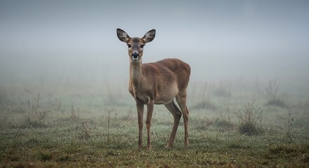 深く立ち込める霧に包まれた広大な草原で静かに佇む一頭の若い鹿 柔らかな朝の光が神秘的な雰囲気を醸し出し野生の生命力を感じさせる. AI Generated