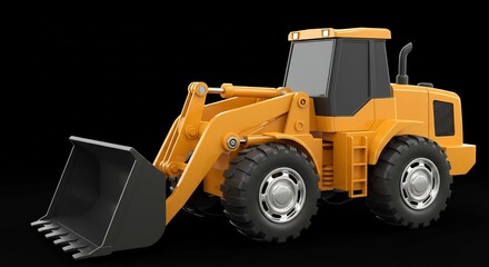 鮮やかな黄色の大型ホイールローダーが黒い背景に力強く浮かび上がる 美しい3Dレンダリングで表現された建設現場の土砂運搬や積み込み作業に活躍する重機 クリーンなスタジオライティングが輝く車体を鮮明に照らし出す. AI Generated