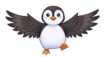 可愛らしいペンギンが羽を大きく広げて元気いっぱいに飛び跳ねるイラスト白い背景が明るく楽しい雰囲気を強調する. AI Generated