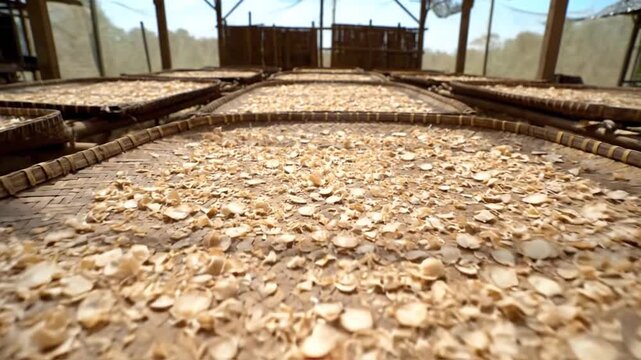Close Up of White Galangal Drying on Woven Bamboo Trays Under Sunlight in a Rustic Open Air Setting for Food