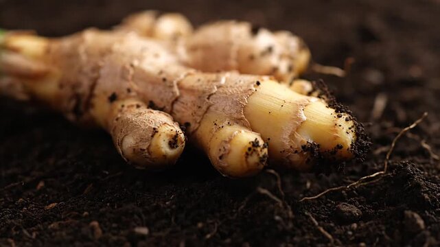 Close-up of Zingiber officinale or ginger rhizome resting on dark soil background.  Harvesting ginger root for food and