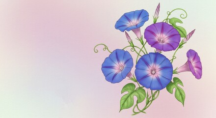 夏の柔らかな光が優しく降り注ぐ中青と紫の朝顔が淡いグラデーション背景に鮮やかに咲き誇る美しいベクターイラスト緑の葉も絡み合い涼しげで優雅な夏の雰囲気. AI Generated