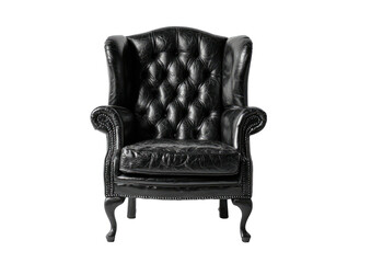 Dark, ornate, leather wingback chair with diamond tufting on a black background