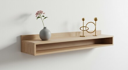 白い壁に溶け込むように浮かぶ美しい木製モダンウォールシェルフ 柔らかな自然光が花瓶の一輪挿しと抽象的なオブジェを明るく照らし洗練されたミニマルなインテリア空間に落ち着いた温もりをもたらす. AI Generated
