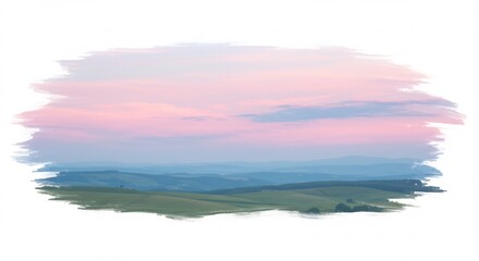 早朝の柔らかな光に包まれた幻想的な丘陵地帯 夢見るような筆致で描かれた淡いピンクと青が織りなすパステルカラーの空と穏やかな緑のコントラストが広がる静寂の風景. AI Generated