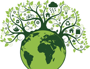 Eco Earth vector, sustainability tree, green living icons, environmental concept, renewable lifestyle, global nature care, planet illustration