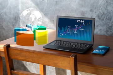 Global Market Growth Forecast 2026 on Laptop with Financial Charts and Pie Graph