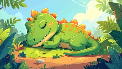 Fototapeta premium Cute Baby Dinosaur Sleeping Peacefully in a Lush Green Forest.