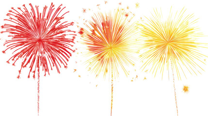 High resolution bright yellow and red fireworks isolated on transparent background
