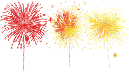 High resolution bright yellow and red fireworks isolated on transparent background