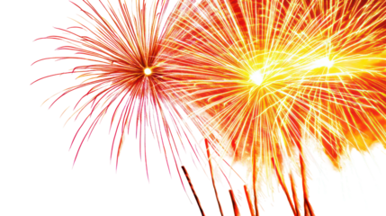 High resolution bright yellow and red fireworks isolated on transparent background