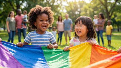 Two diverse children playing with rainbow parachute in park laughing joyfully together, diversity inclusion multicultural celebration unity colorful concept