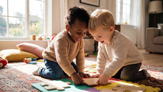 Two diverse children building puzzle together on floor heads close laughing joyfully, togetherness cooperation bonding team friendship concept