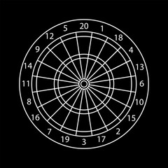 Minimalist dartboard target with numbers, white line vector illustration isolated on black background