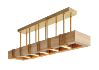 Rectangular wood & metal light fixture with linear downlighting on black